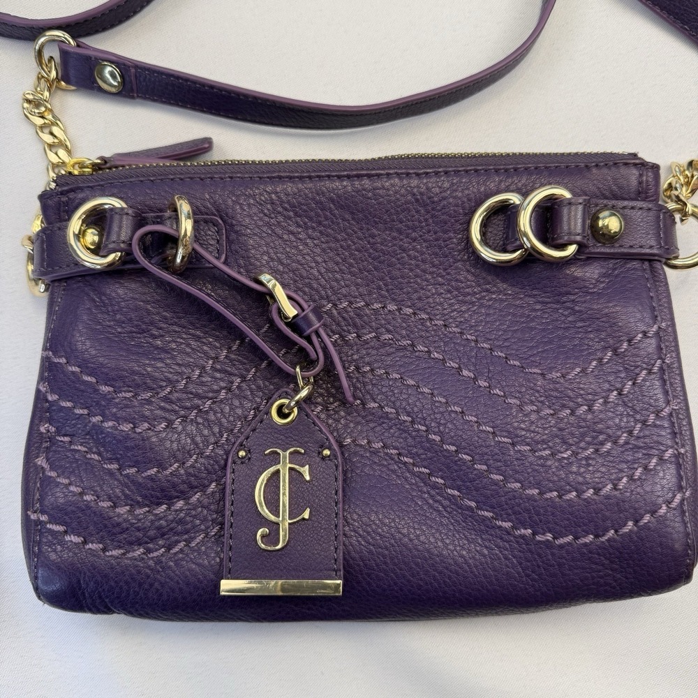 Juicy Couture Y2K Crossbody Shoulder Bag Purse Purple Gold Stitching Accents